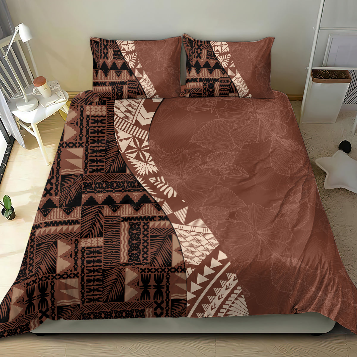 Brown bedding set with patterned duvet front, floral-textured center, and two matching pillow shams