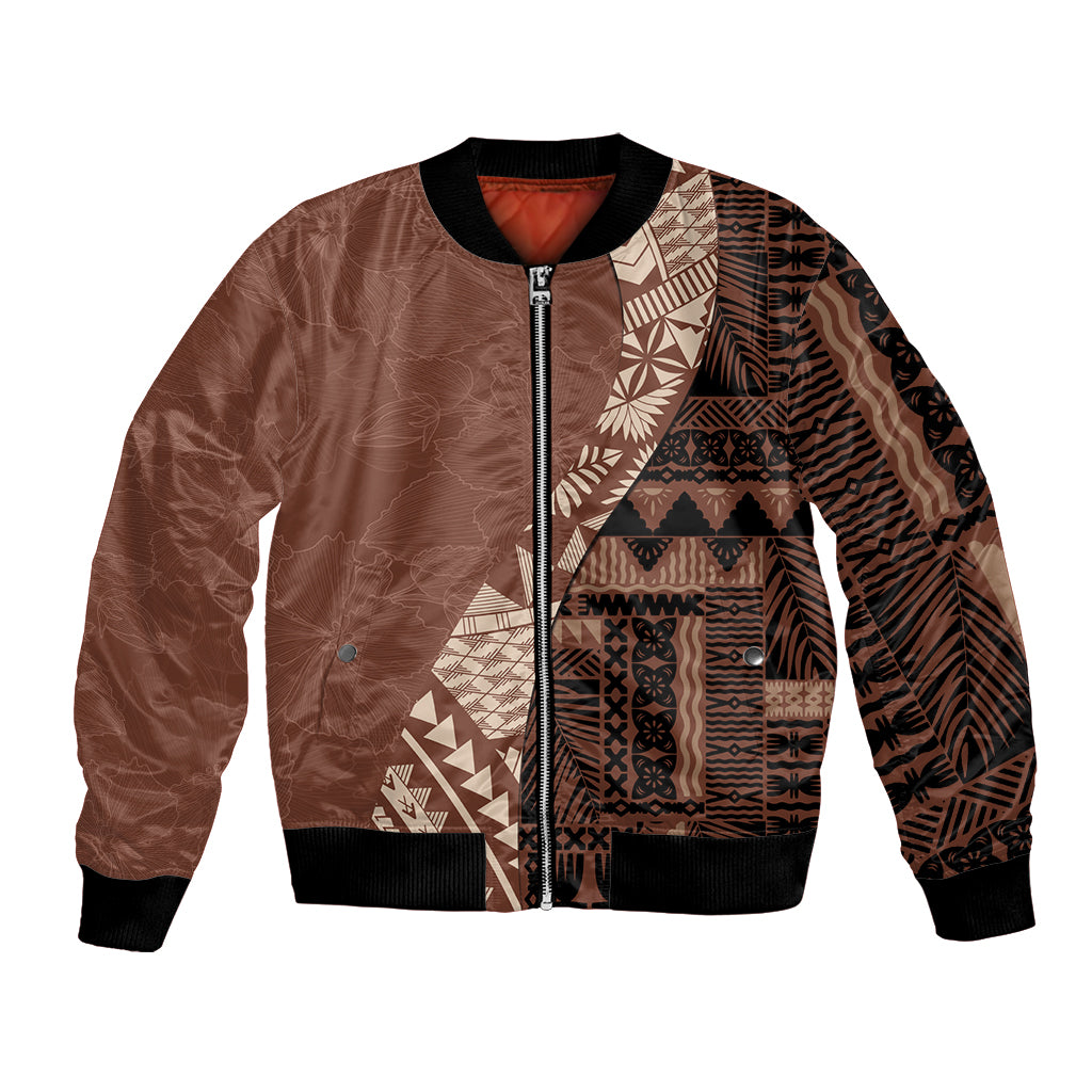 Brown bomber jacket with tribal print paneling, front zipper, and black ribbed cuffs