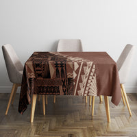 Brown tablecloth with tribal patchwork panels and diagonal diamond motif, corner drape