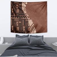 Brown tribal tapestry wall hanging with patterned left panel and curved right section.