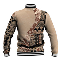 Beige baseball jacket with Masi-style tribal pattern on back, striped ribbed hem and collar.