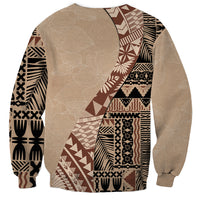 Beige unisex sweatshirt featuring large central tapa-style tribal print, crewneck