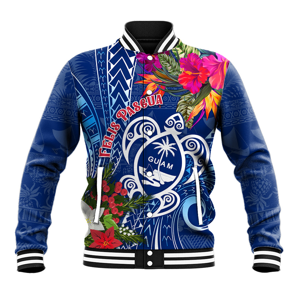 Blue baseball jacket with Guam emblem and tropical floral graphic, ribbed collar and cuffs