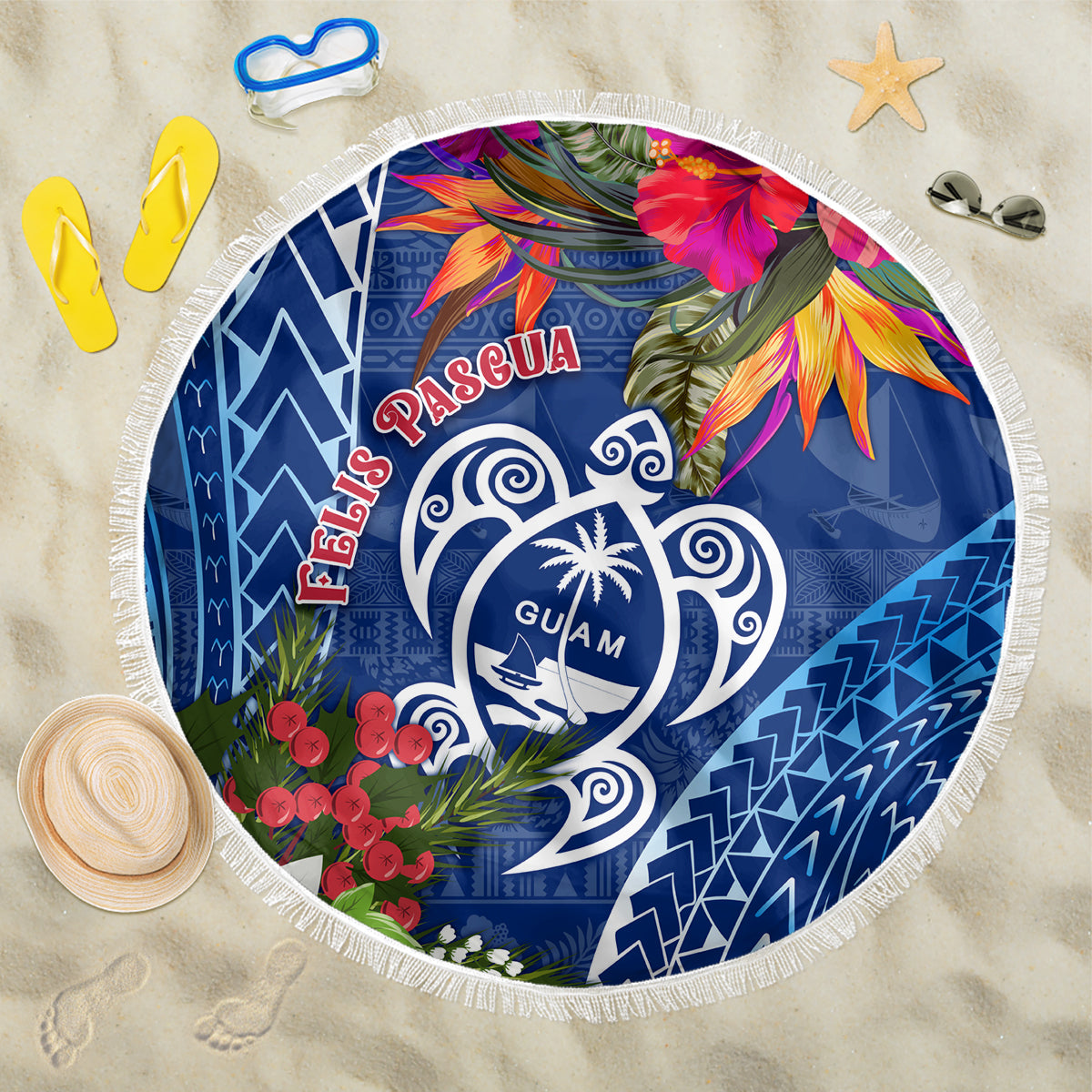 Round blue beach blanket with Guam map and colorful floral graphic, fringed edge.