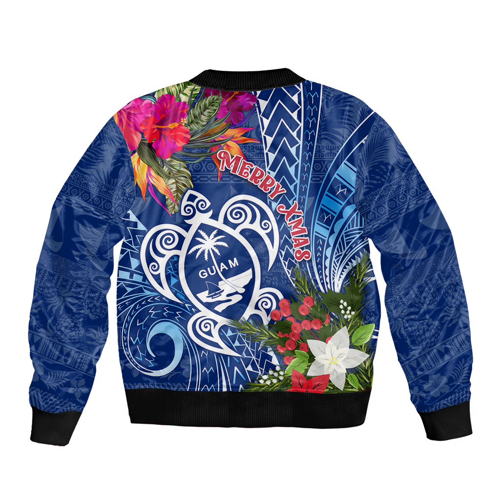 Blue bomber jacket with tropical floral graphic on back and Guam emblem; ribbed cuffs