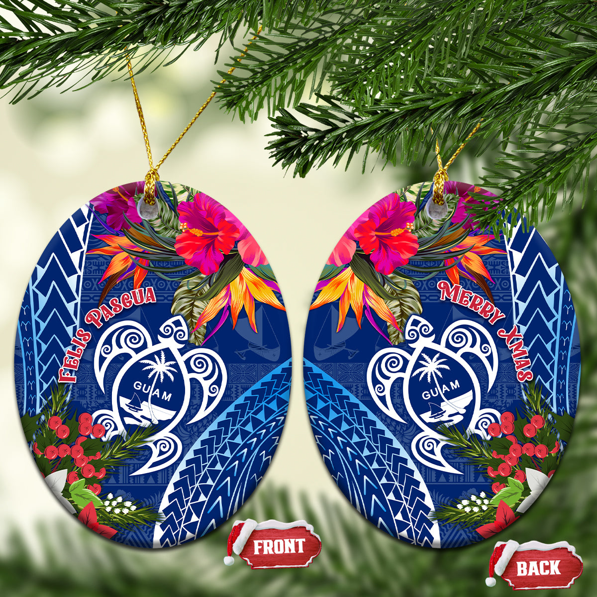 Pair of blue oval ceramic turtle ornaments with floral detail and gold hanging loops