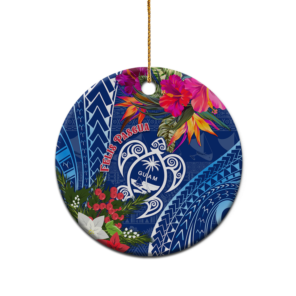 Blue round ceramic turtle ornament with floral design and gold hanging loop on white