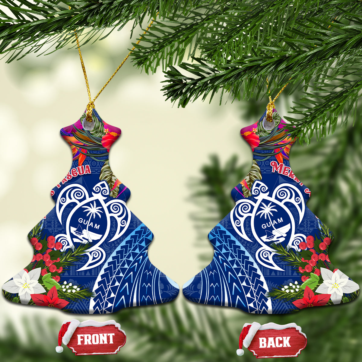 Pair of blue Christmas tree-shaped ceramic turtle ornaments with floral and gold loops