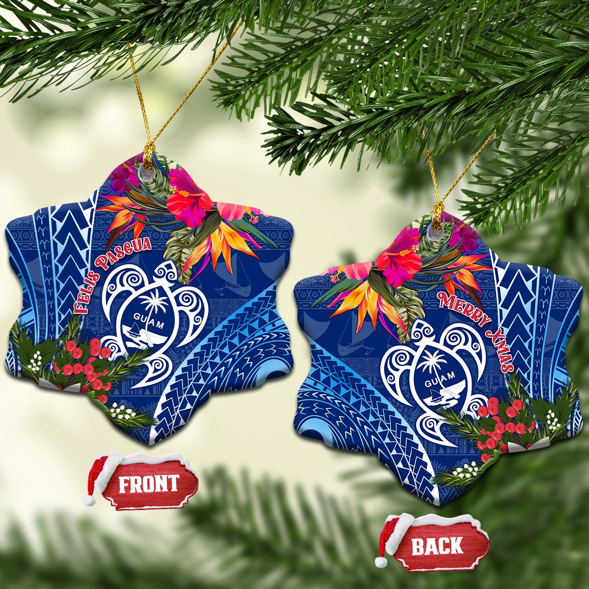 Pair of blue star-shaped ceramic turtle ornaments with floral accents and gold loops