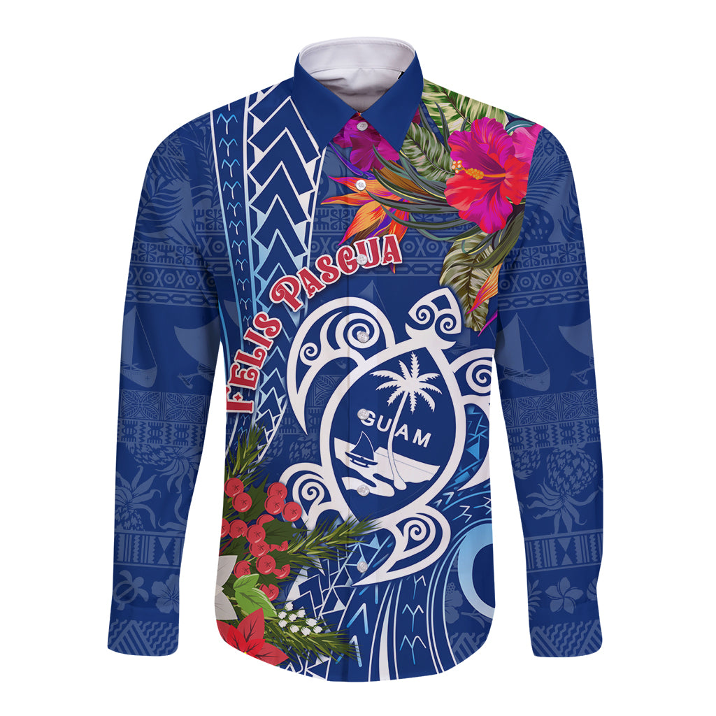 Blue long-sleeve button-up shirt with colorful floral and island graphic front