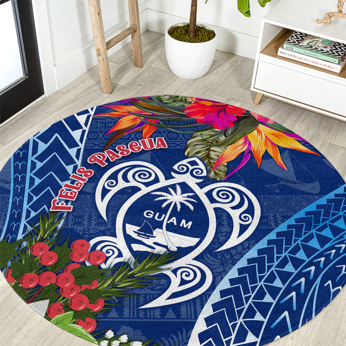 Blue round rug with Guam crest, wave swirls, and red flower accents