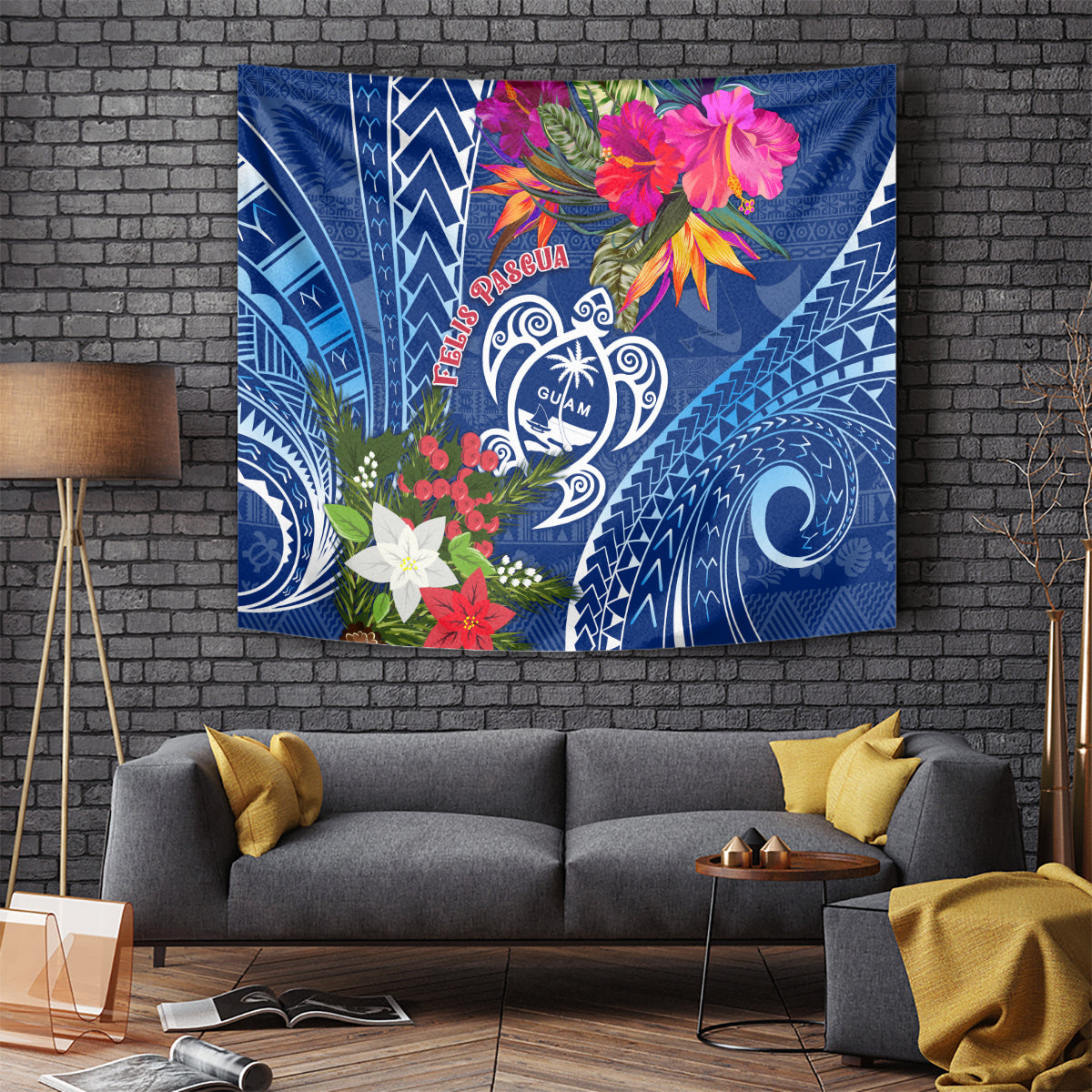 Blue Guam turtle emblem tapestry with red Pasqua text, flowers, and tribal patterns.