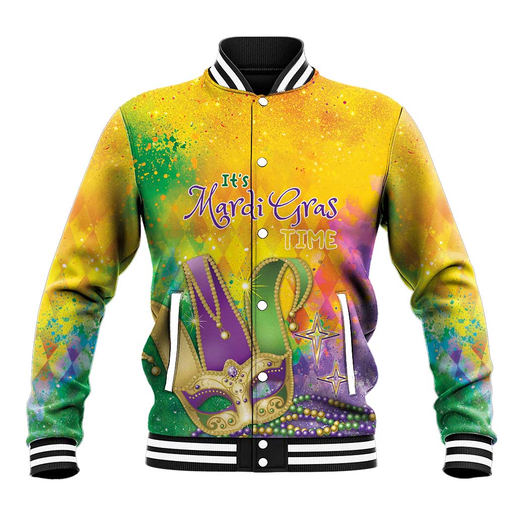 Gold watercolor Mardi Gras baseball jacket with front button-up and colorful graphic