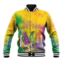 Gold watercolor Mardi Gras baseball jacket with front button-up and colorful graphic