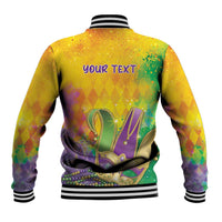 Gold watercolor Mardi Gras baseball jacket back with “YOUR TEXT” and Mardi Gras motifs