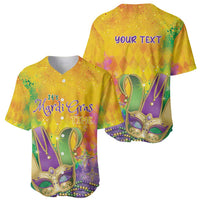Gold Mardi Gras baseball jersey shown front and back with 'It's Mardi Gras Time' and 'your text'