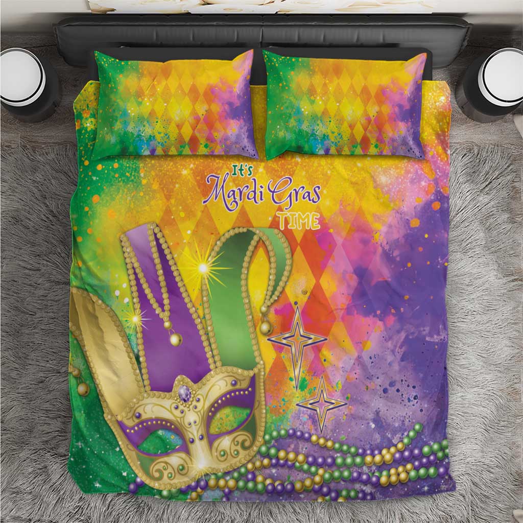 Colorful Mardi Gras bedding set with watercolor mask, beads, stars; two matching pillowcases