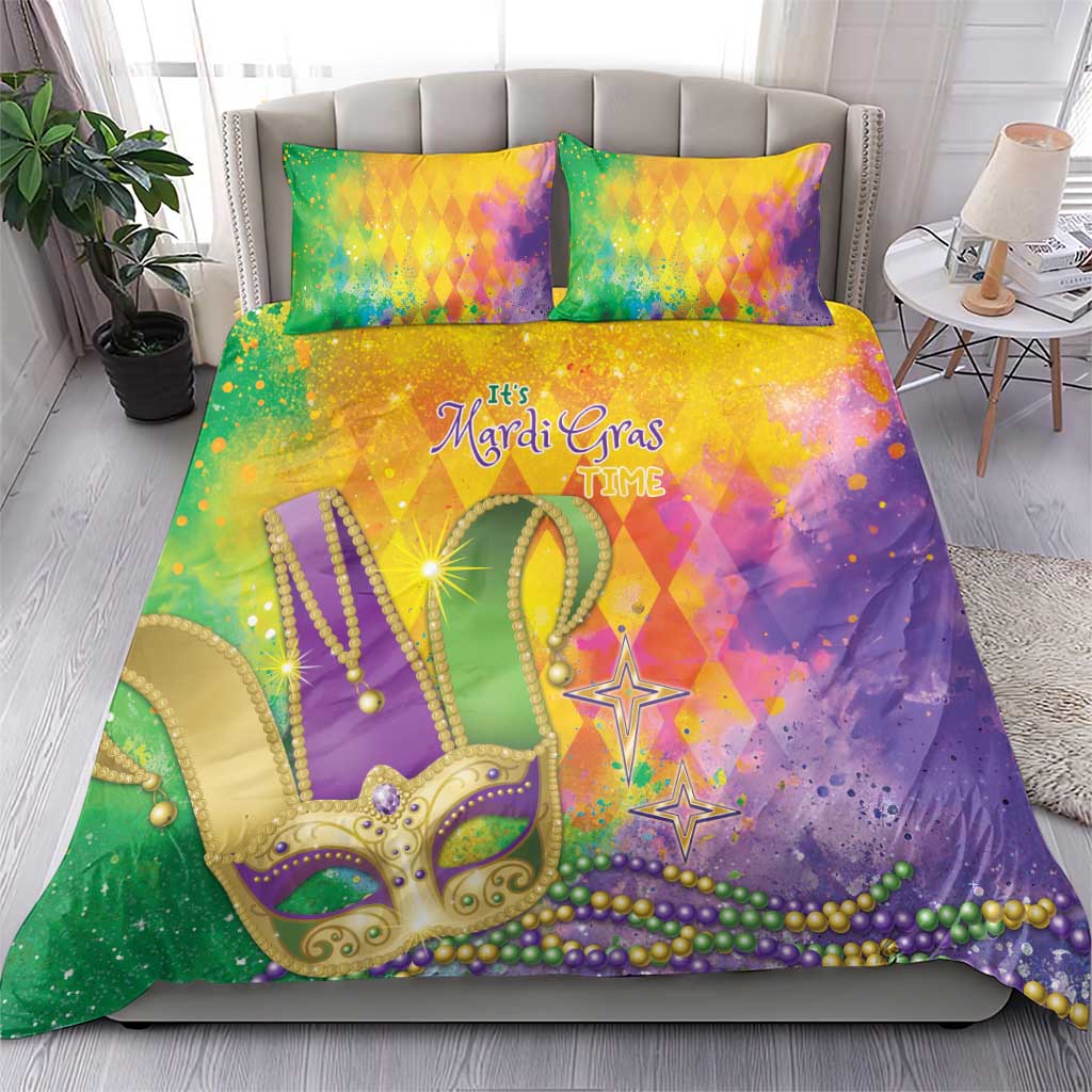 Colorful Mardi Gras bedding set featuring “It’s Mardi Gras TIME” and mask; two pillowcases