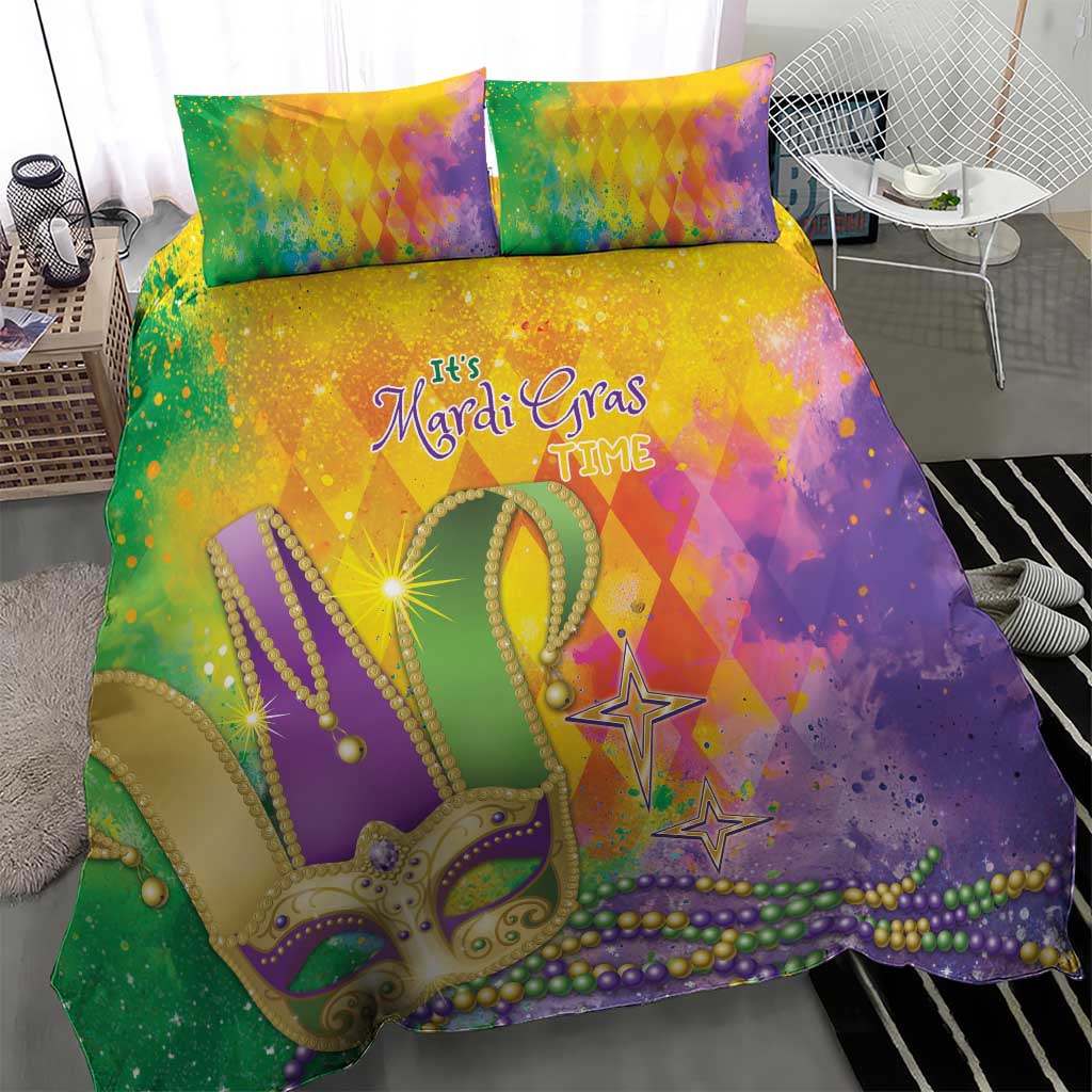 Colorful Mardi Gras bedding set with Mardi Gras mask, beads, and stars; two pillowcases