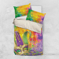 Colorful Mardi Gras bedding set, watercolor mask with beads and stars; two pillowcases