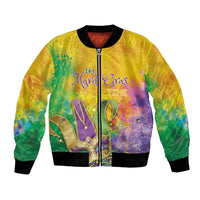 Colorful zip-front bomber jacket with 'It's Mardi Gras TIME' print, gold purple green