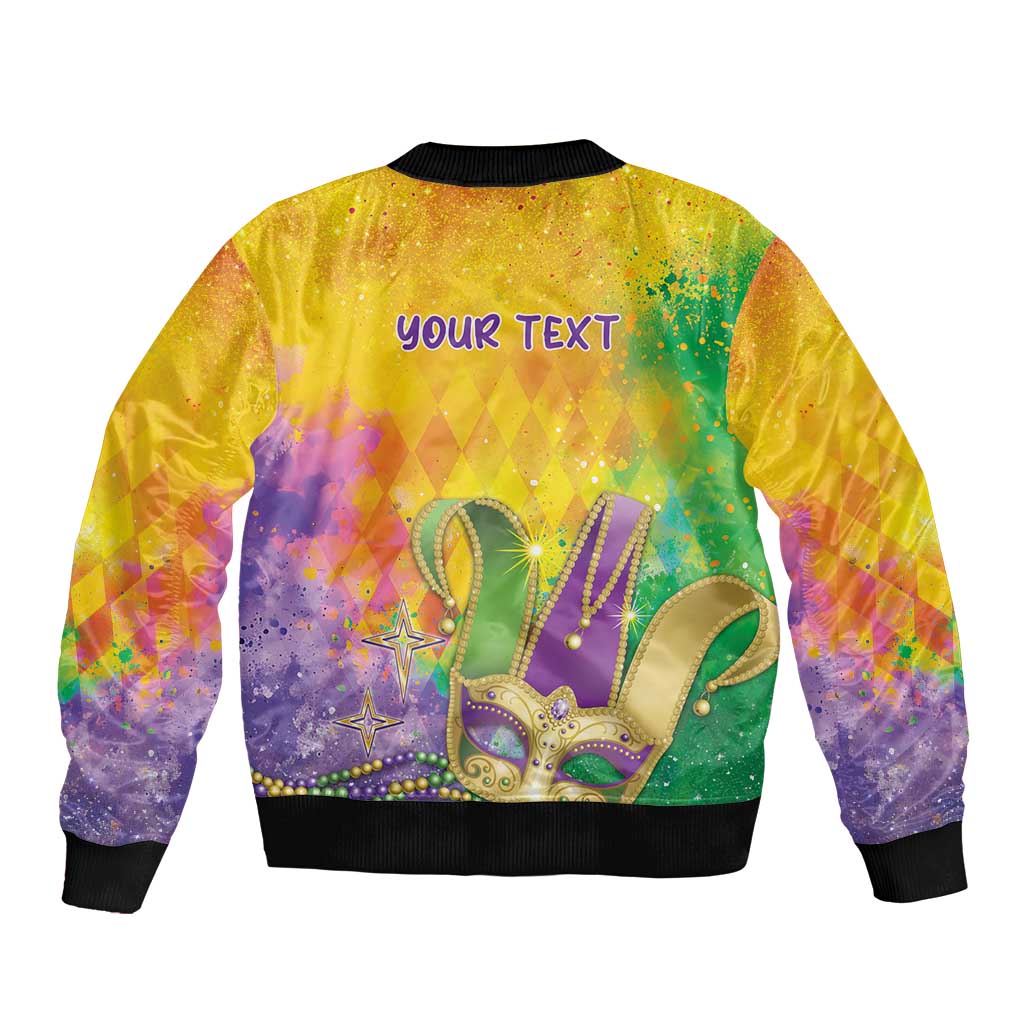 Colorful zip-front bomber jacket with 'your TEXT' back print, gold purple teal graphics