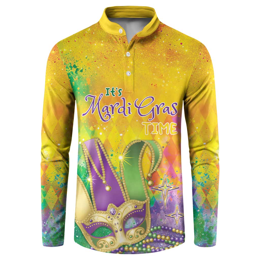 Yellow button sweatshirt with colorful Mardi Gras graphic front art