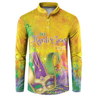 Yellow button sweatshirt with colorful Mardi Gras graphic front art
