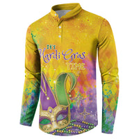 Full front view of yellow button sweatshirt with Mardi Gras graphic