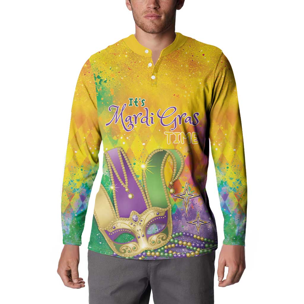Yellow button sweatshirt with Mardi Gras graphic and long sleeves