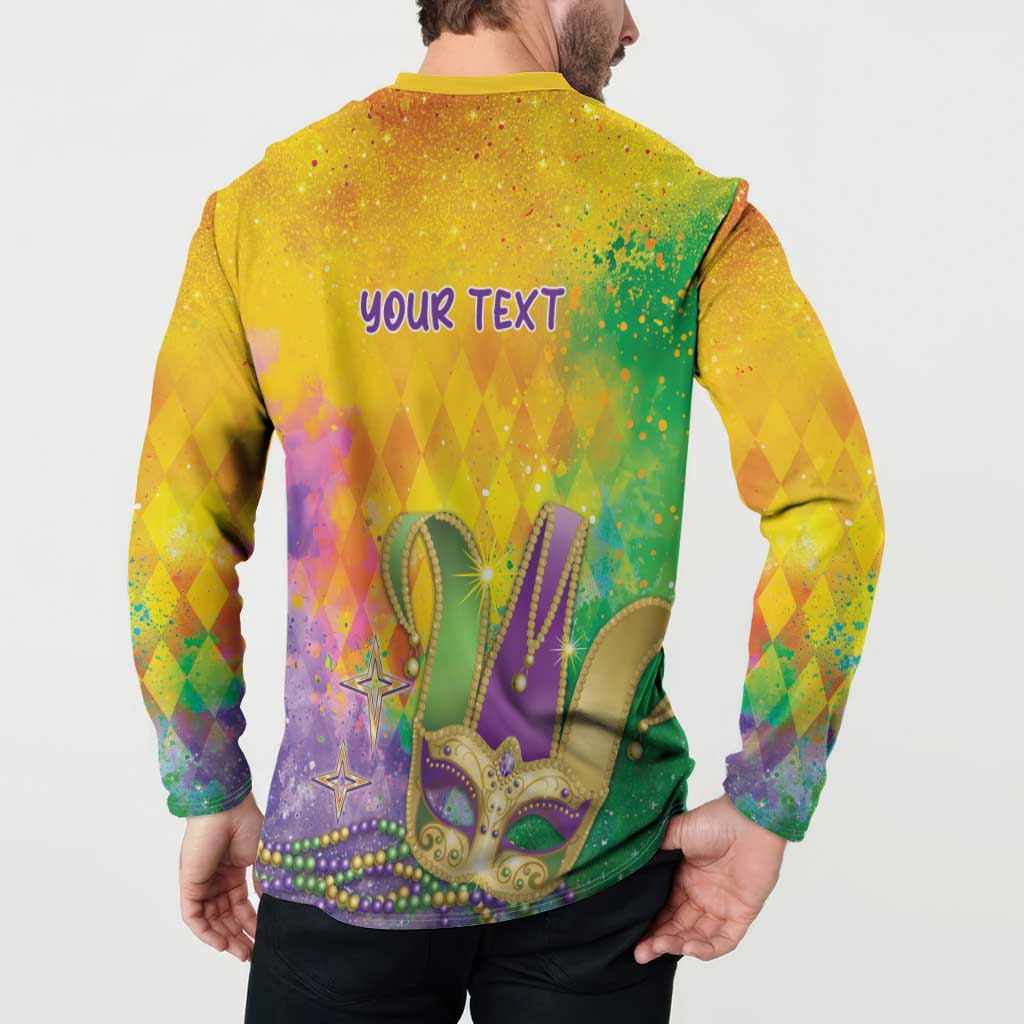 Yellow button sweatshirt back print with Mardi Gras graphics and 'YOUR TEXT'