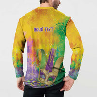 Yellow button sweatshirt back print with Mardi Gras graphics and 'YOUR TEXT'