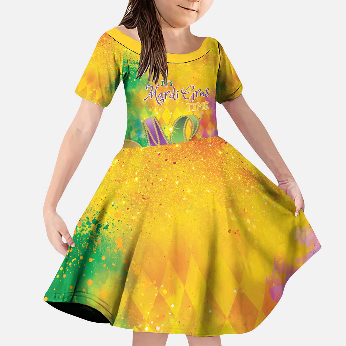 Mardi Gras Kid Short Sleeve Dress Watercolor Mix - Carnival Bling - Wonder Print Shop