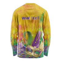 Unisex long-sleeve shirt with Mardi Gras mask and beads, “YOUR TEXT” on back