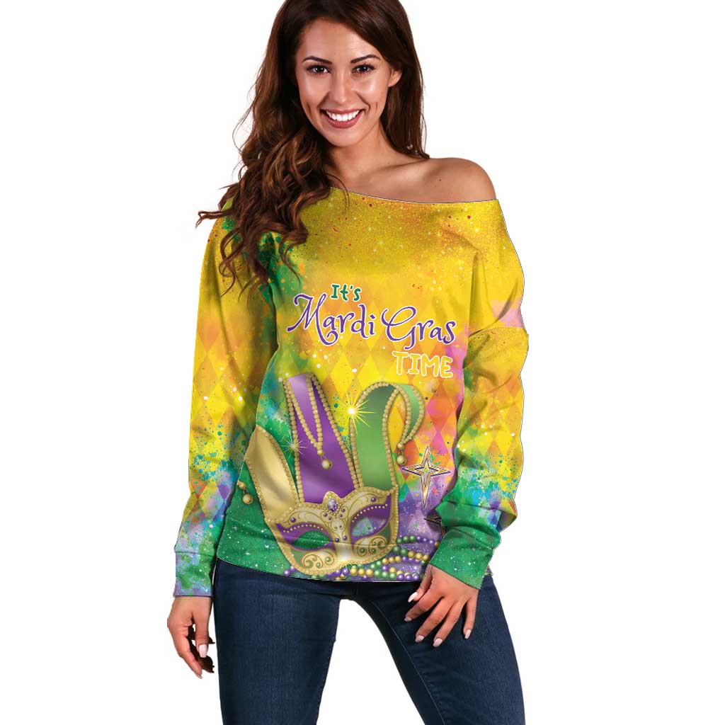 Mardi Gras Off Shoulder Sweater Watercolor Mix - Carnival Bling