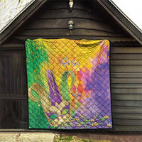 Multicolor quilt with green, yellow, and purple blocks; fleur-de-lis, beads, and stars
