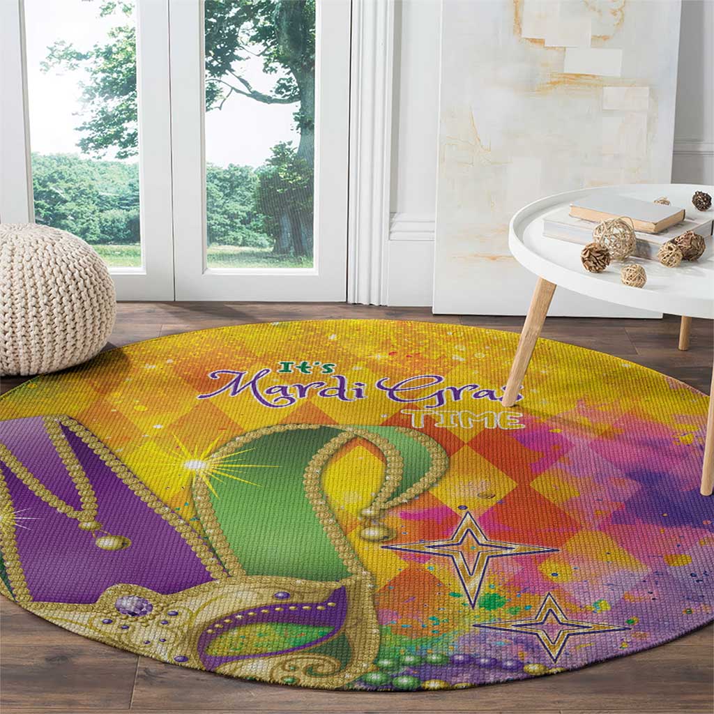 Round Mardi Gras watercolor rug with “It’s Mardi Gras Time” lettering, beads, and stars
