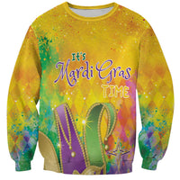 Unisex crewneck sweatshirt with yellow watercolor Mardi Gras graphic and beads, star text
