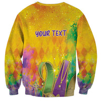 Unisex crewneck sweatshirt with yellow watercolor back print: 'your TEXT' and Mardi Gras beads