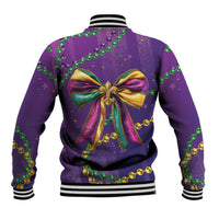 Purple baseball jacket with striped rib trim, glitter bow motif at back and bead chains