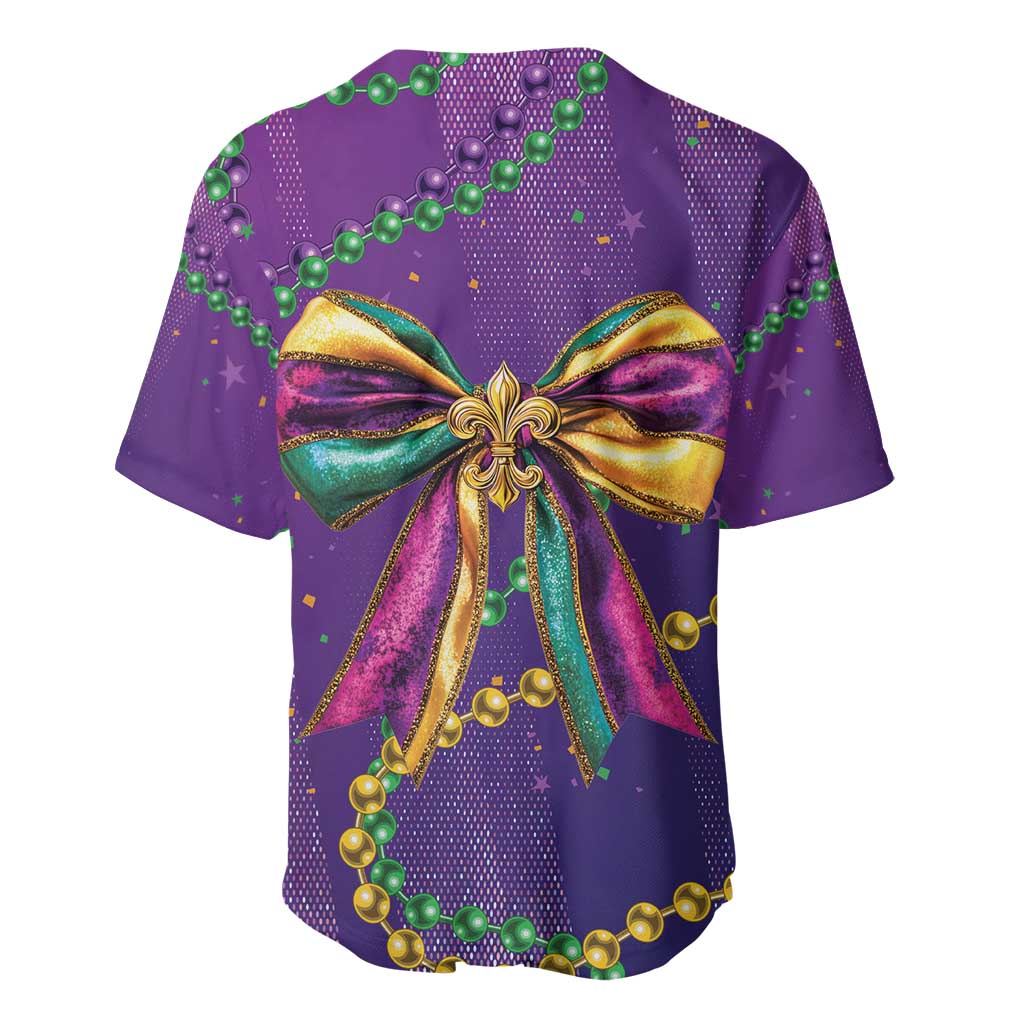 Purple Mardi Gras baseball jersey with large center bow and bead garland on back