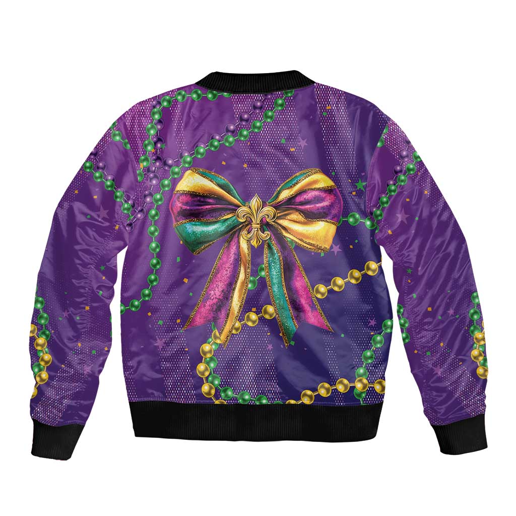 Purple satin bomber jacket back with large bow glitter motif and green bead garland