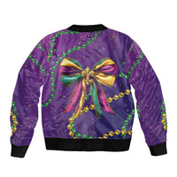 Purple satin bomber jacket back with large bow glitter motif and green bead garland
