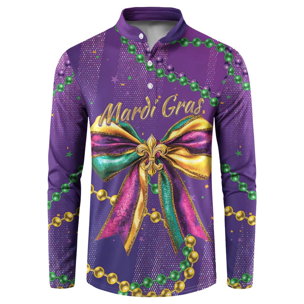 Purple button sweatshirt with Mardi Gras text, gold ribbon bow, bead garland glitter print