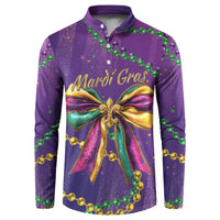 Purple button sweatshirt with Mardi Gras text, gold ribbon bow, bead garland glitter print