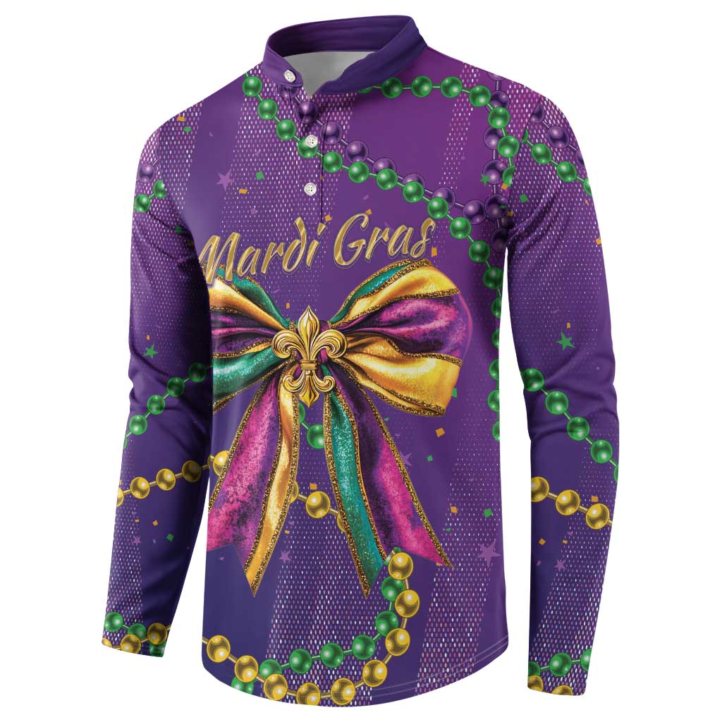 Purple button sweatshirt with Mardi Gras script, large gold bow and green bead garlands