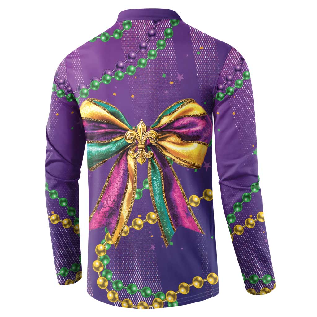 Purple button sweatshirt, back view with large multicolor ribbon bow and green bead details