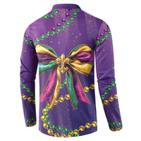 Purple button sweatshirt, back view with large multicolor ribbon bow and green bead details