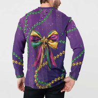 Purple button sweatshirt worn, back view with multicolor ribbon bow and bead garland pattern