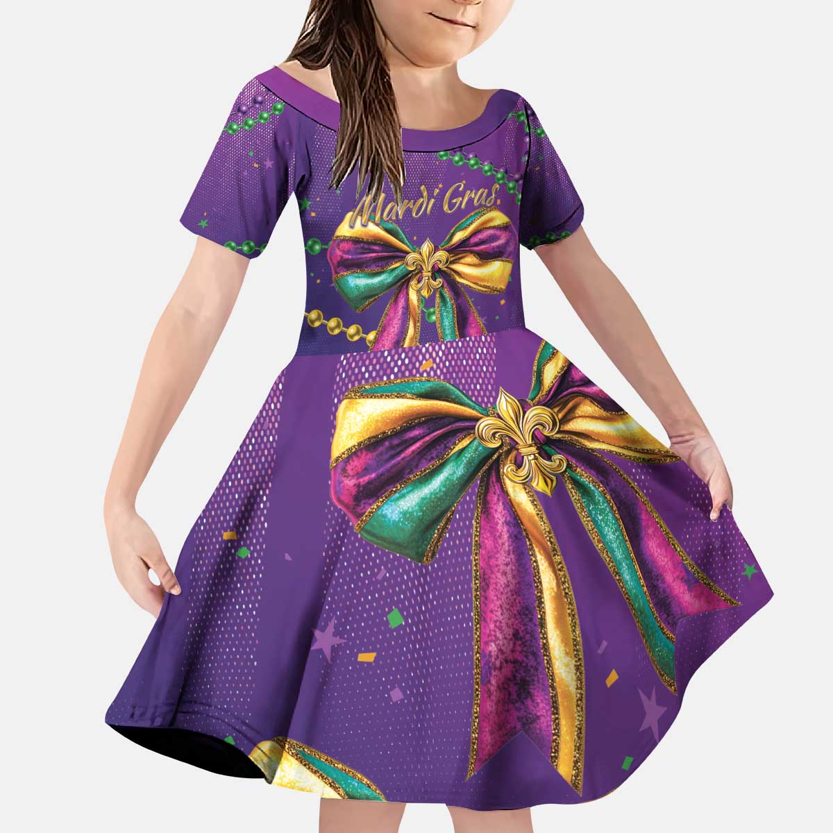 Mardi Gras Kid Short Sleeve Dress Coquette Bow Glitter Motifs - Wonder Print Shop